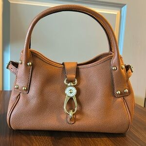 Dooney & Bourke Belvedere Small Logo White Gold Lock Satchel Camel Desert Brown